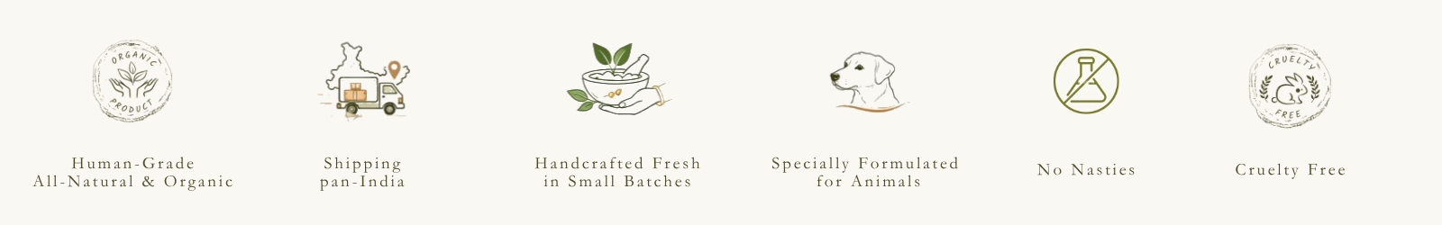 Features of WalKai Naturals: Human-grade, Organic, and All-Natural | Shipping pan-India | Handcrafted fresh in small batches | Specially Formulated for Animals | No Nasties | Cruelty Free